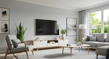 Fototapeta premium Serene Living Room Interior Modern Design with Natural Light and Minimalist Decor