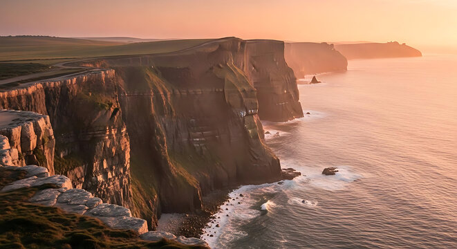 Aerial view of cliffs of moher with ocean waves crashing against the rocks during sunset in ireland ai generated