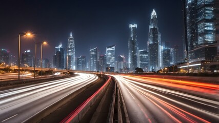 Fototapeta premium Modern city skyline with traffic light trails at night long exposure 