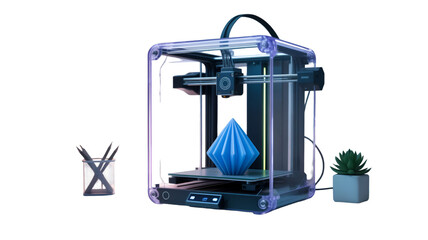 3d printer printing a blue geometric shape isolated on transparent background