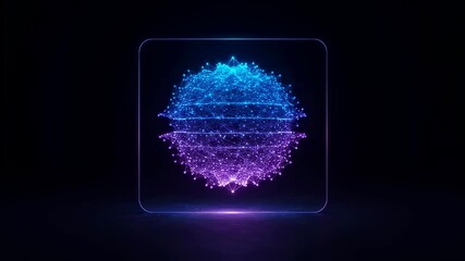 Digital spherical data visualization with glowing dots and lines within a neon frame. Futuristic abstract network concept footage. - Powered by Adobe