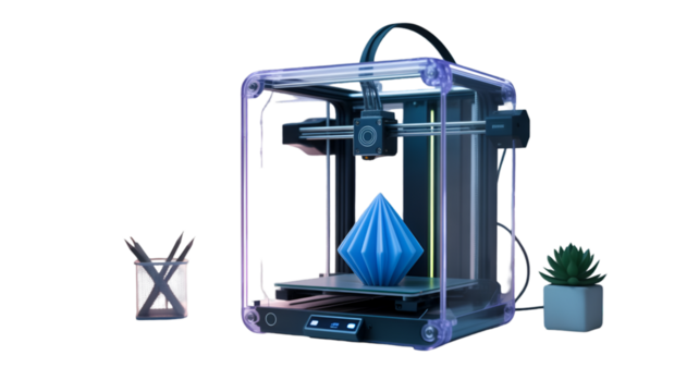 3d printer printing a blue geometric shape isolated on transparent background
