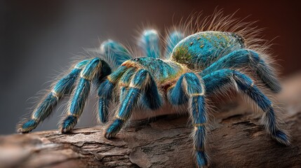 Turquoise tarantula crawls on textured wood in stunning macro close-up shot