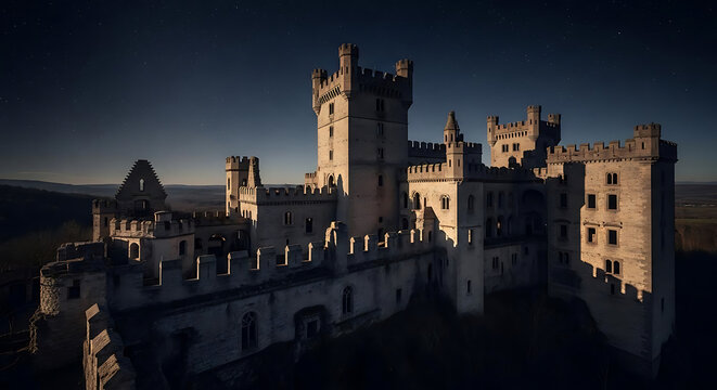 Aerial view of a large stone castle with multiple towers under a dark blue night sky landscape scene ai generated