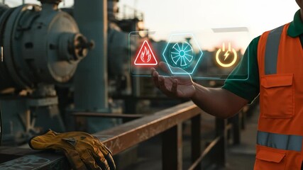 Industrial worker utilizes smart holographic augmented reality displaying vital safety warnings, ventilation, and power controls within a modern facility, representing advanced data management. - Powered by Adobe