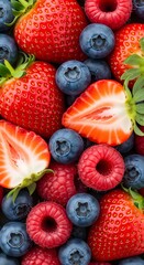 Fresh strawberries, blueberries and raspberries create a vibrant pattern