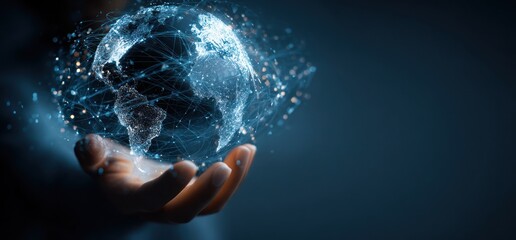 A hand holds a glowing world globe made of networked connections on dark background
