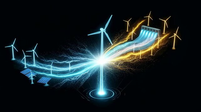 Clean electric power generation from renewable energy sources; wind turbine, solar panel, and hydropower dam footage.