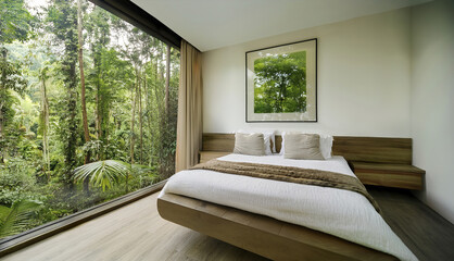 Bright bedroom with panoramic window overlooking the forest
