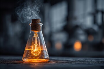 Glowing Light Bulb with Rising Steam in Industrial Laboratory Setting, Contrast of Warm Orange Glow and Cold Grey Background