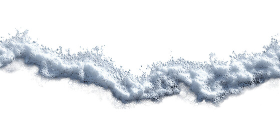 Top-down shoreline foam edge with irregular lace of ocean bubbles meeting clean water line, seamlessable sides, isolated on transparent background.
