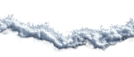 Top-down shoreline foam edge with irregular lace of ocean bubbles meeting clean water line, seamlessable sides, isolated on transparent background.
