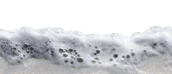 Top-down shoreline foam edge with irregular lace of ocean bubbles meeting clean water line, seamlessable sides, isolated on transparent background.
