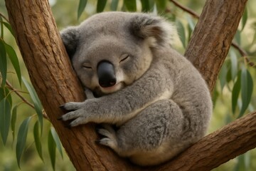 Obraz premium Adorable koala resting peacefully on a tree branch, enjoying a serene slumber surrounded by lush eucalyptus leaves in its natural habitat