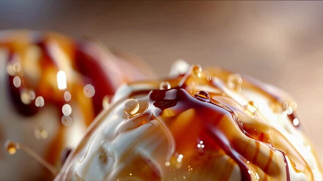 Ultra-realistic macro video of caramel ice cream  with a tasty draining topping splash. Food aethetic background