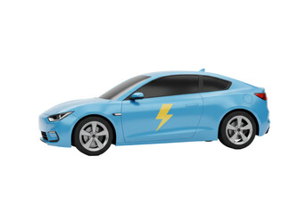 Fototapeta premium Isolated Sleek Blue Electric Car with Lightning Bolt Design, Environmentally Conscious Transportation, Innovative Technology and Sustainable Automotive