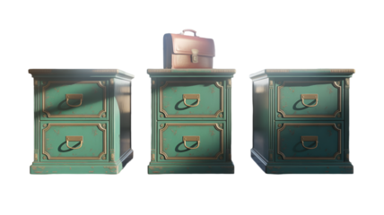 Three vintage green cabinets with a briefcase isolated on transparent background