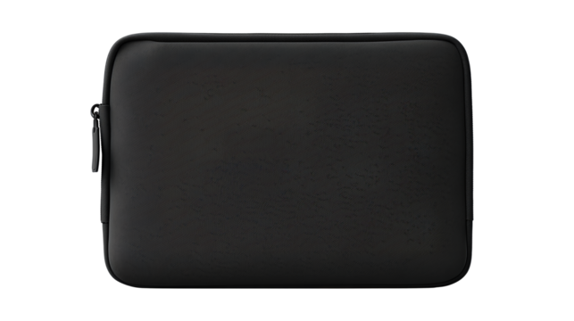 Laptop sleeve made of neoprene with smooth zipper track and pull, flat lay with gentle fabric tension, isolated on transparent background.
