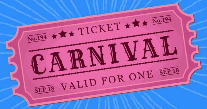 On start white lines radiating behind carnival ticket on blue backdrop highlighting ticket details