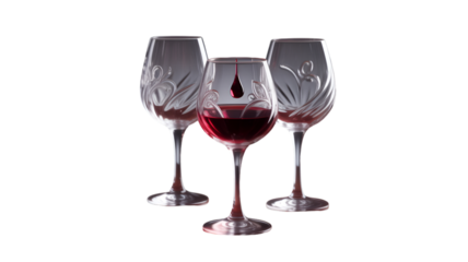 Three wine glasses with one filled with red wine isolated on transparent background