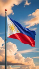 Philippines flag waving in the wind against a blue sky and white clouds background