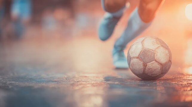Soccer player dribbles ball on wet field during sunset practice session