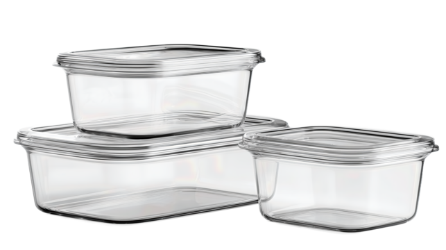 Food container set of three rectangular clear boxes stacked, plain lids without markings, balanced alignment, isolated on transparent background.

