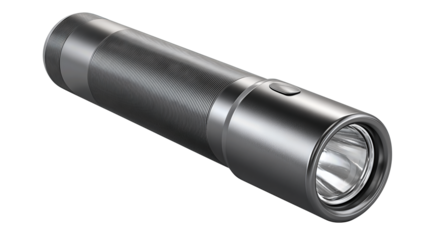 Flashlight with compact cylindrical body, smooth reflector, and flat tail, matte anodized finish, isolated on transparent background.