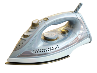 Clothes iron with ceramic soleplate and steam holes, satin body finish, isolated on transparent background.