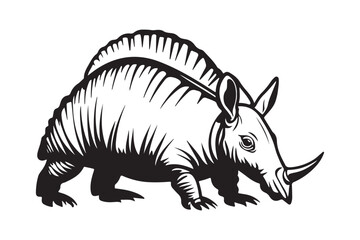 Stylized black and white illustration of a rhinoceros