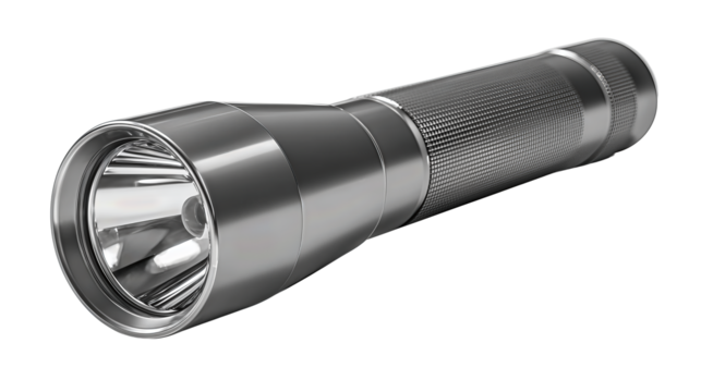 Flashlight with compact cylindrical body, smooth reflector, and flat tail, matte anodized finish, isolated on transparent background.
