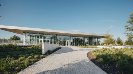 Contemporary city architecture featuring inclusive design: wide wheelchair ramp, tactile paths, and green spaces, representing universal accessibility