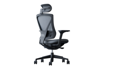 Ergonomic office chair with adjustable headrest isolated on transparent background