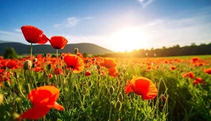 Sunset Poppy Field Landscape.