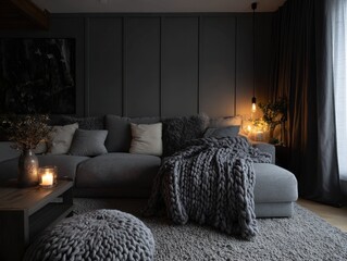 A cozy living room, bathed in soft, warm light, features a sectional sofa draped with a chunky knit throw, creating a sophisticated yet inviting atmosphere.