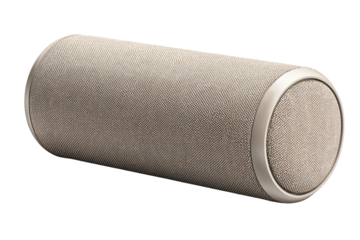 Portable cylindrical speaker wrapped in fabric, shown in horizontal orientation with clean flush end caps, isolated on transparent background.
