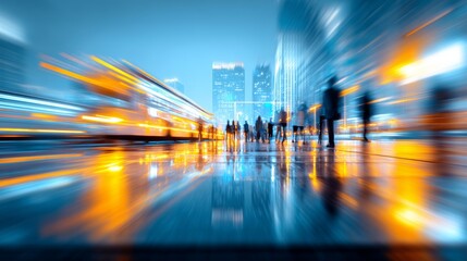Business people walking on a wet street in a modern city with light trails and reflections at night