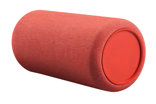 Portable cylindrical speaker wrapped in fabric, shown in horizontal orientation with clean flush end caps, isolated on transparent background.
