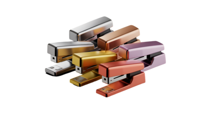 Pile of colorful staplers isolated on transparent background for office use