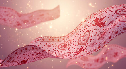 Flowing fabric with heart and cupid patterns against a soft glowing background with bokeh effects ai generated