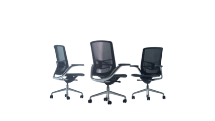 Three modern office chairs isolated on transparent background for corporate workspace