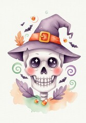 Cute Halloween Skull with Witch Hat and Black Cat Watercolor Illustration for Halloween and autumn season, greeting cards, party invitations, posters, seasonal decorations 