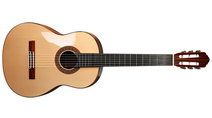 Wooden acoustic guitar featuring simple rosette and clean body curves, crafted with smooth satin texture, isolated on transparent background.
