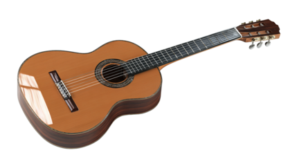 Wooden acoustic guitar featuring simple rosette and clean body curves, crafted with smooth satin texture, isolated on transparent background.
