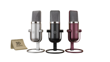 Three modern microphones for studio recording isolated on transparent background