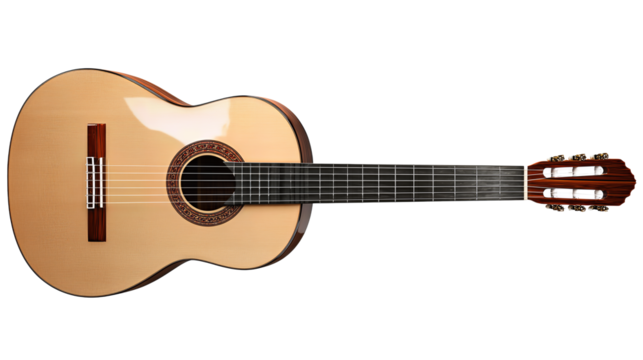 Wooden acoustic guitar featuring simple rosette and clean body curves, crafted with smooth satin texture, isolated on transparent background.
