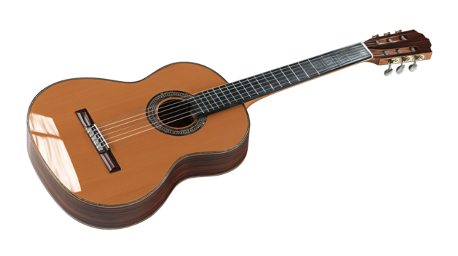 Wooden acoustic guitar featuring simple rosette and clean body curves, crafted with smooth satin texture, isolated on transparent background.
