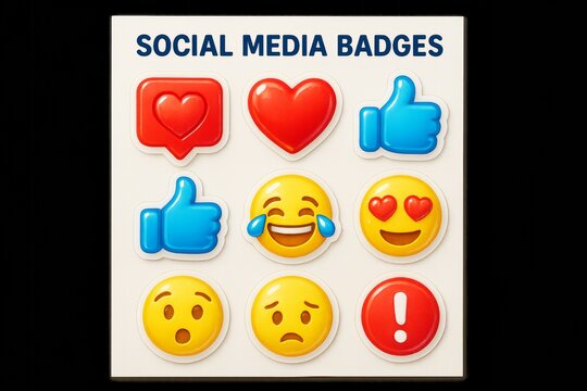 Bright and colorful social media badges and fun emoticons