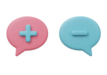 Obraz premium Isolated depiction of 3D rendering of pink speech bubble with plus sign and blue speech bubble with minus sign representing add and subtract concepts.