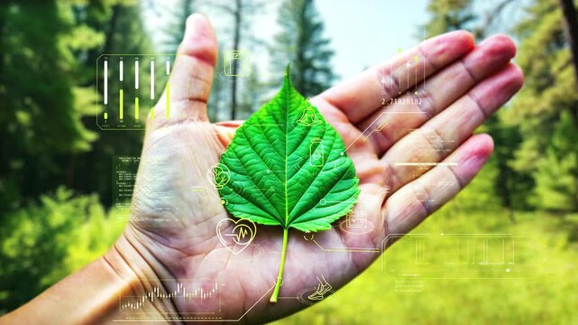 Hand holding green leaf with digital overlay - Powered by Adobe